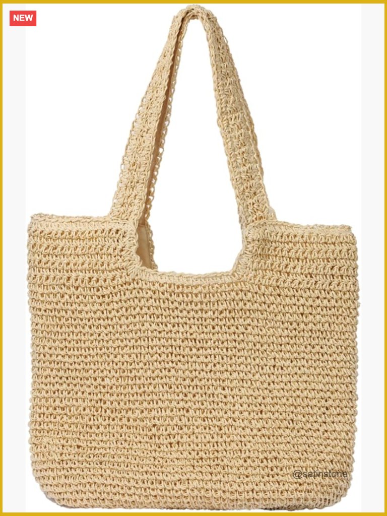 Large Handwoven Straw Shoulder Bag Tote With Zipper Closure